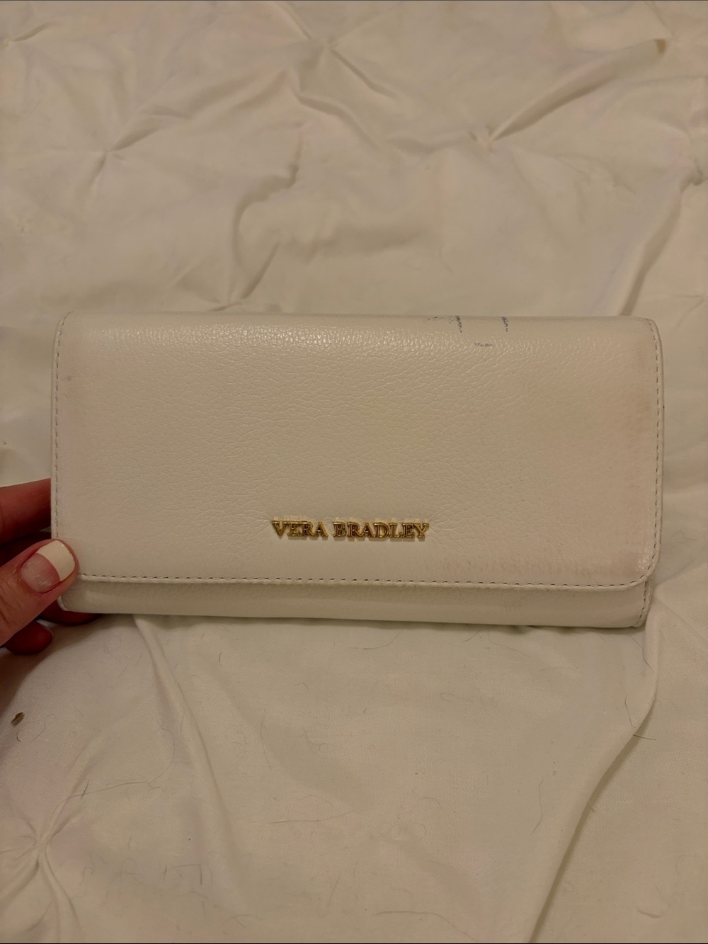 Vera Bradley White Leather Foldover Wallet with Gold Logo